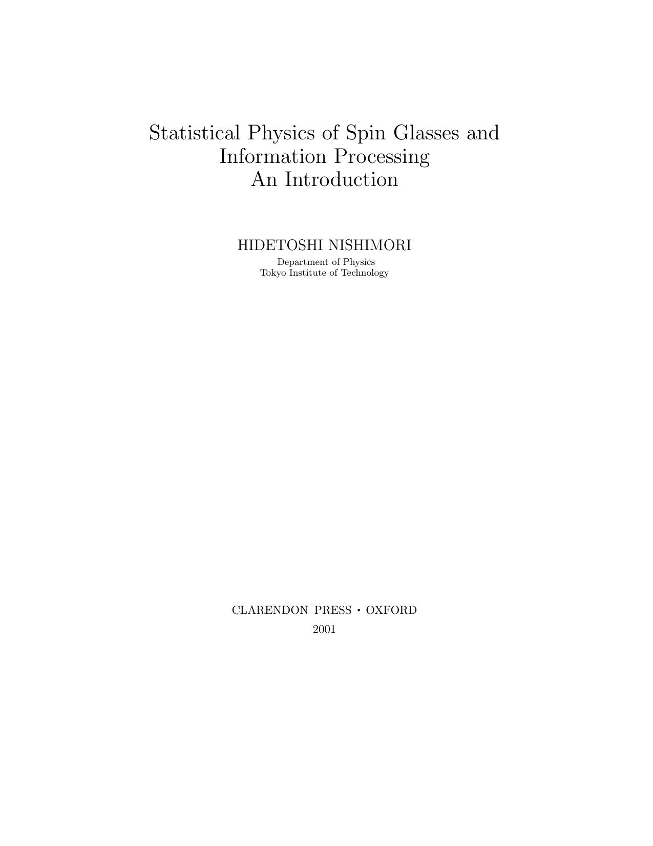 Statistical Physics of Spin Glasses and Information Processing An Introduction by Hidetoshi Nishimori by Unknown
