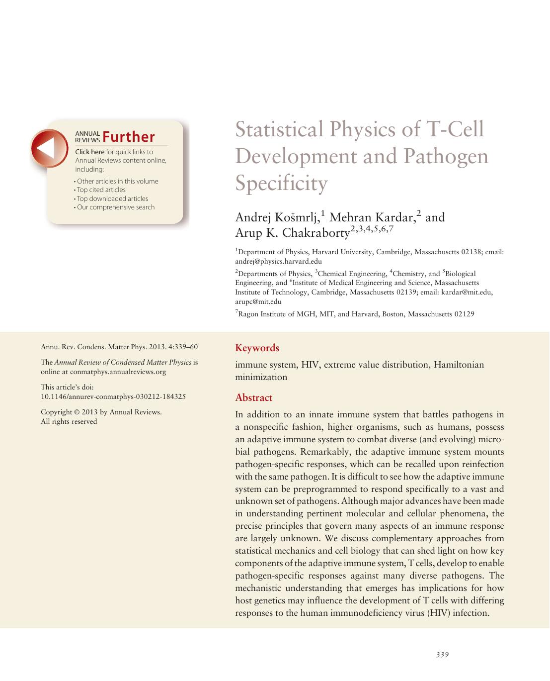 Statistical Physics of T-Cell Development and Pathogen Specificity by Andrej Košmrlj Mehran Kardar Arup K. Chakraborty