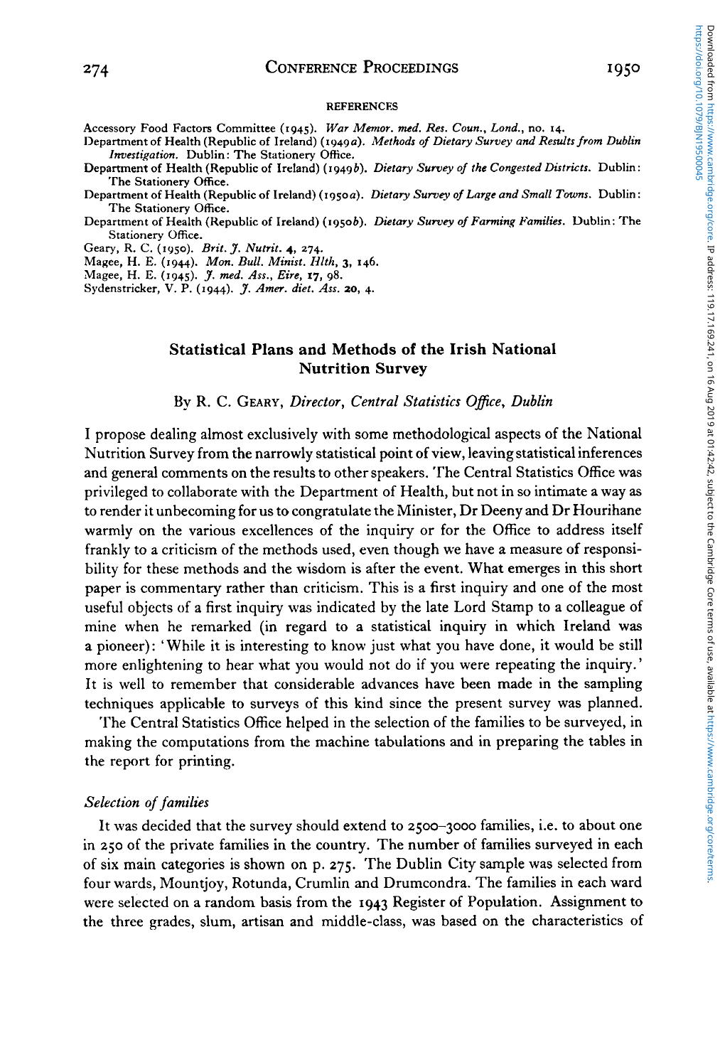 Statistical Plans and Methods of the Irish National Nutrition Survey by R. C. Geary