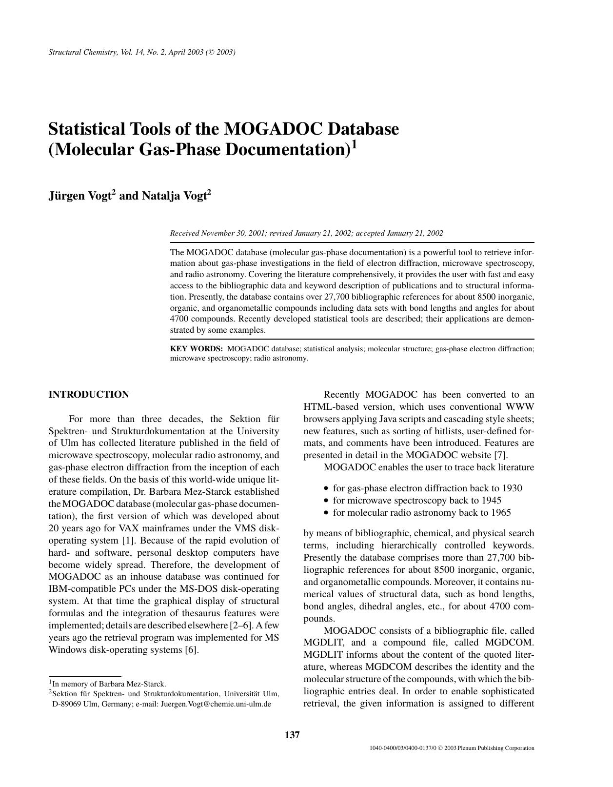 Statistical Tools of the MOGADOC Database (Molecular Gas-Phase Documentation) by Unknown