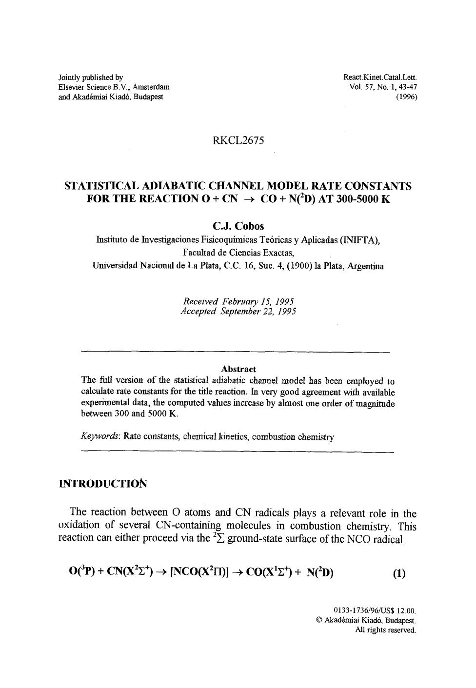 Statistical adiabatic channel model rate constants for the reaction O+CN&#x2192;CO+N( <Superscript>2 <Superscript>D) at 300&#x2013;5000 K by Unknown