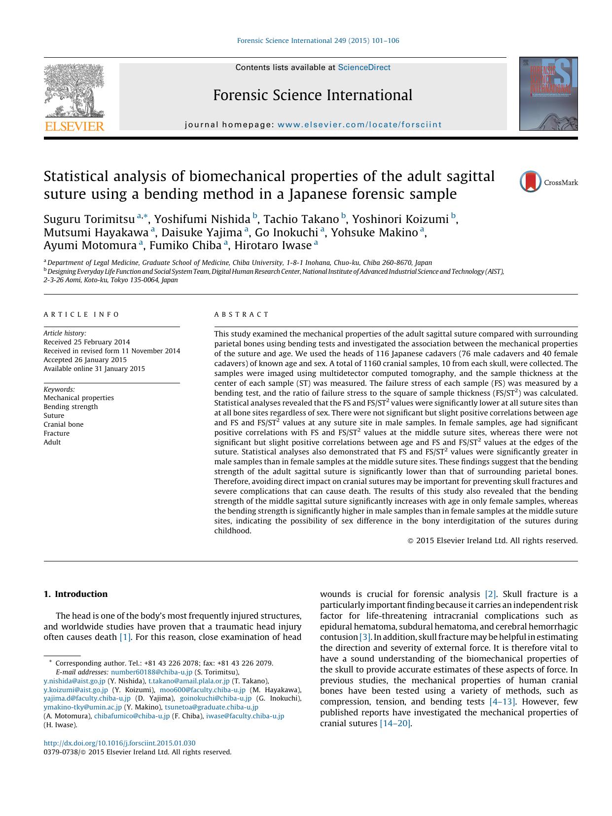 Statistical analysis of biomechanical properties of the adult sagittal suture using a bending method in a Japanese forensic sample by unknow