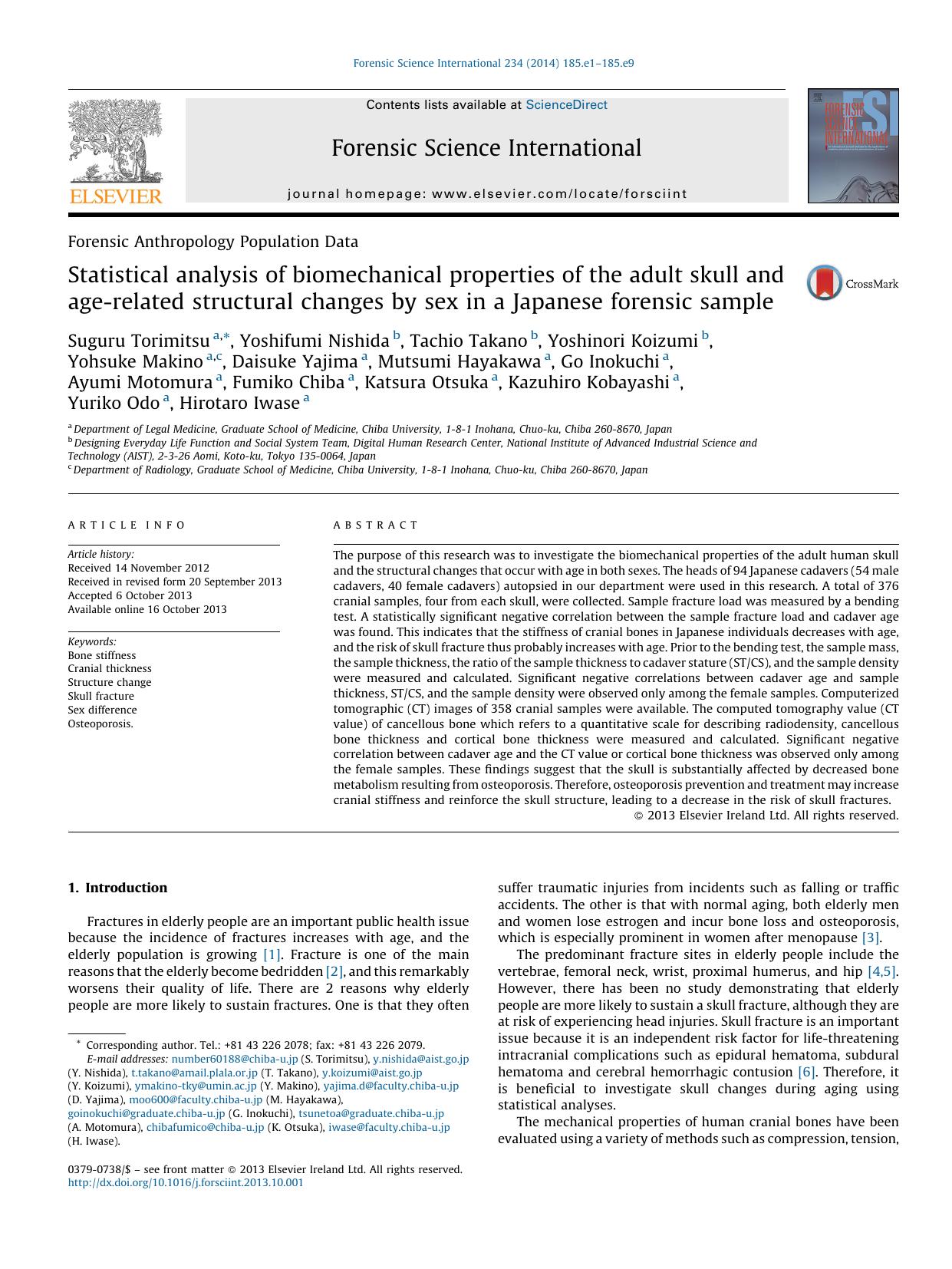 Statistical analysis of biomechanical properties of the adult skull and age-related structural changes by sex in a Japanese forensic sample by Suguru Torimitsu