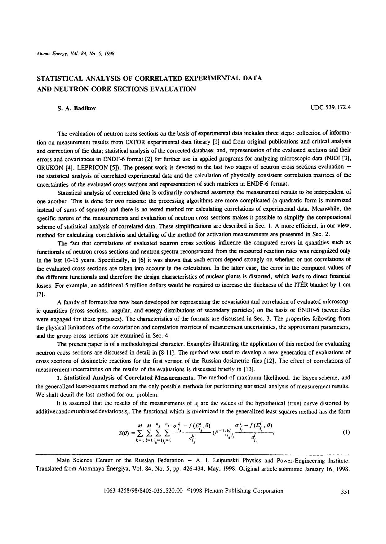 Statistical analysis of correlated experimental data and neutron core sections evaluation by Unknown