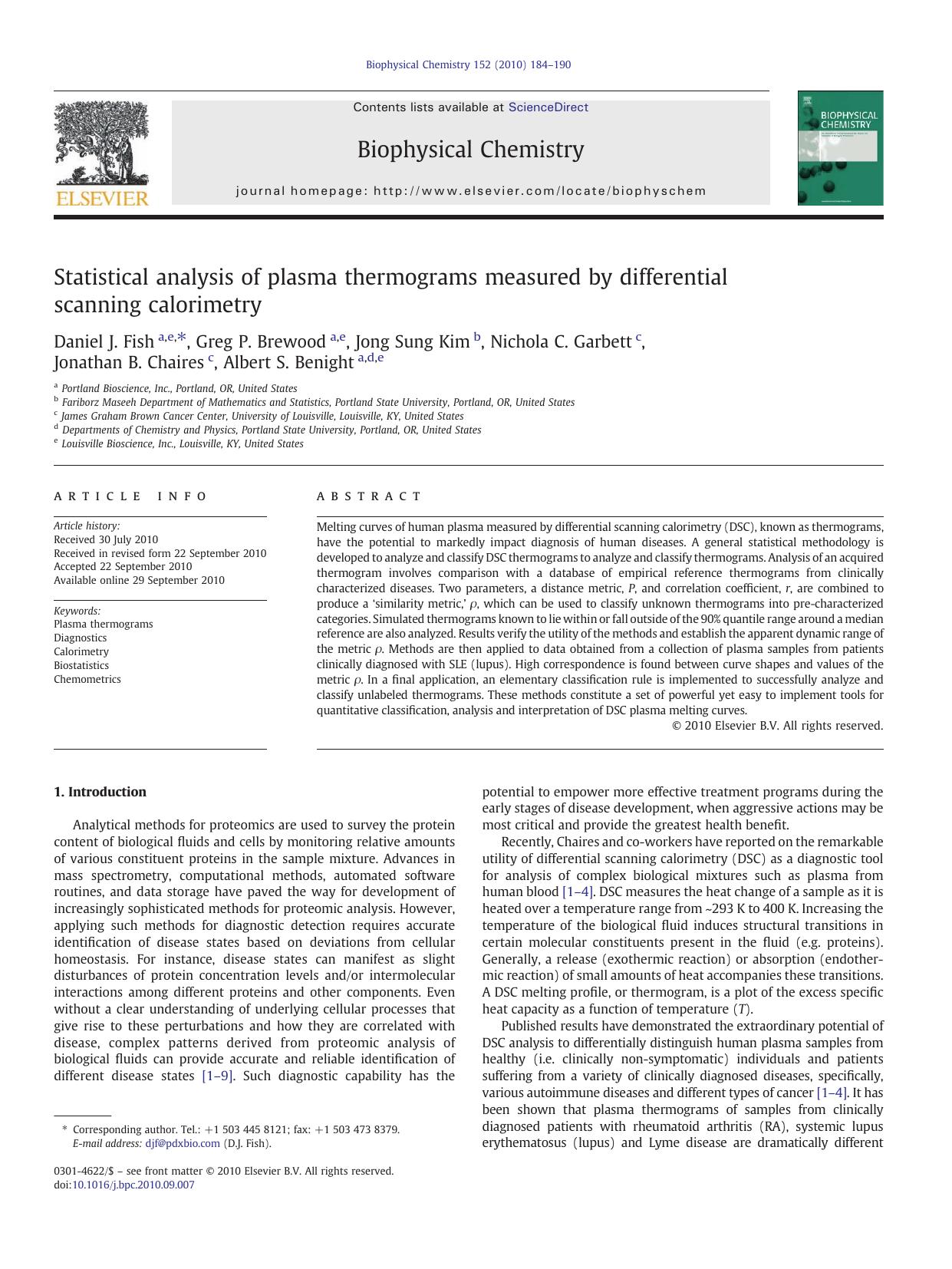 Statistical analysis of plasma thermograms measured by differential scanning calorimetry by unknow