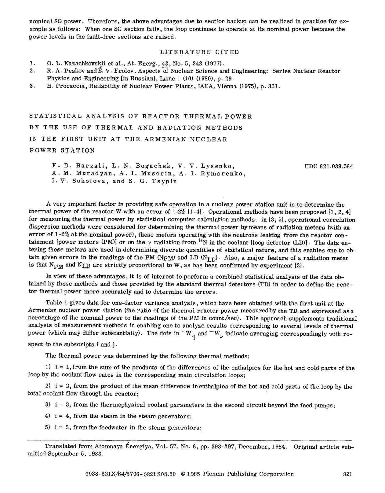 Statistical analysis of reactor thermal power by the use of thermal and radiation methods in the first unit at the Armenian nuclear power station by Unknown