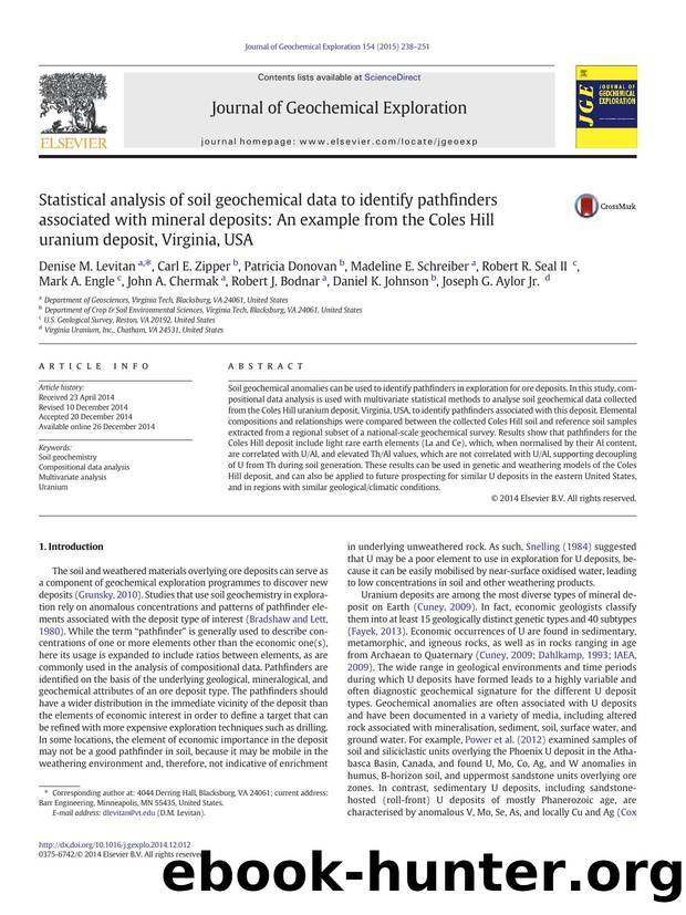 Statistical analysis of soil geochemical data to identify pathfinders associated with mineral deposits: An example from the Coles Hill uranium deposit, Virginia, USA by unknow