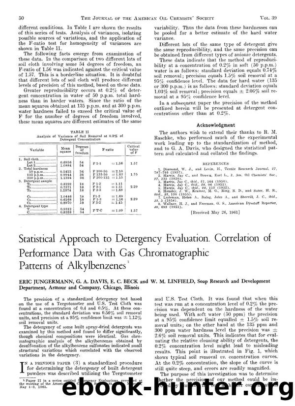 Statistical approach to detergency evaluation. Correlation of performance data with gas chromatographic patterns of alkylbenzenes by Unknown