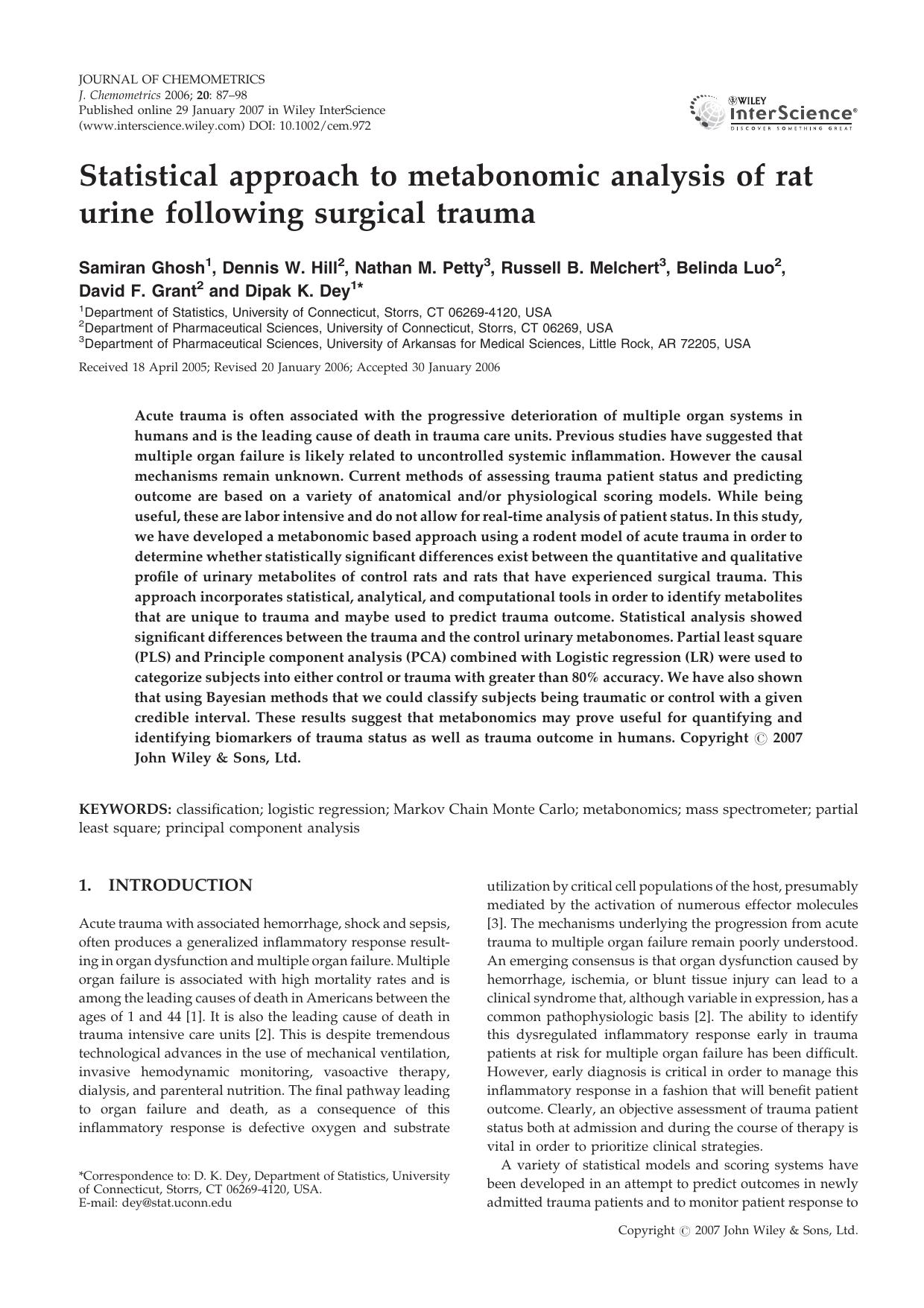 Statistical approach to metabonomic analysis of rat urine following surgical trauma by Unknown