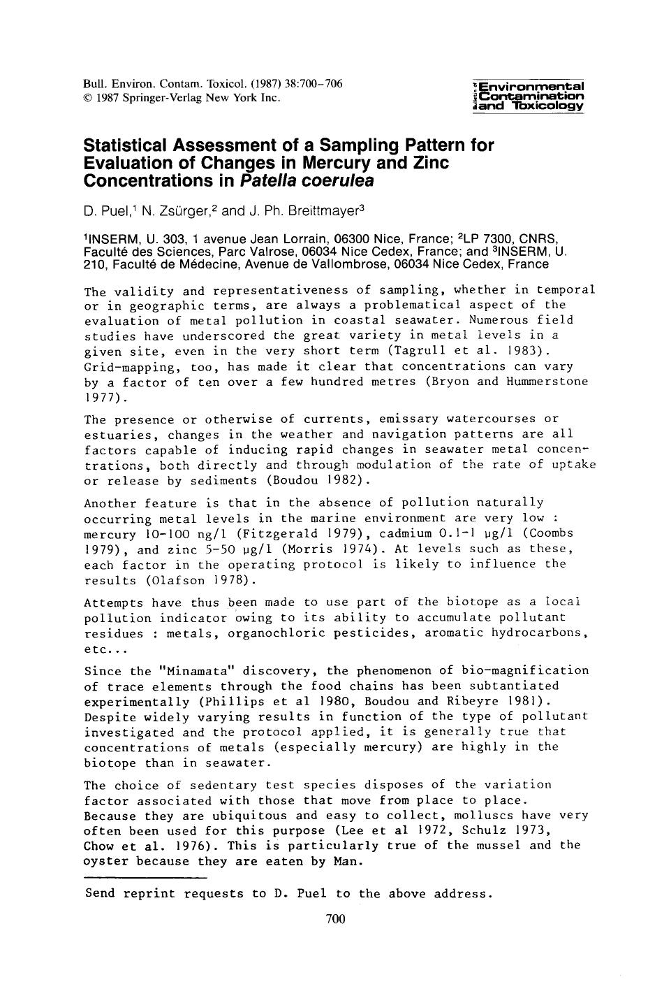 Statistical assessment of a sampling pattern for evaluation of changes in mercury and zinc concentrations in <Emphasis Type="Italic">Patella coerulea <Emphasis> by Unknown