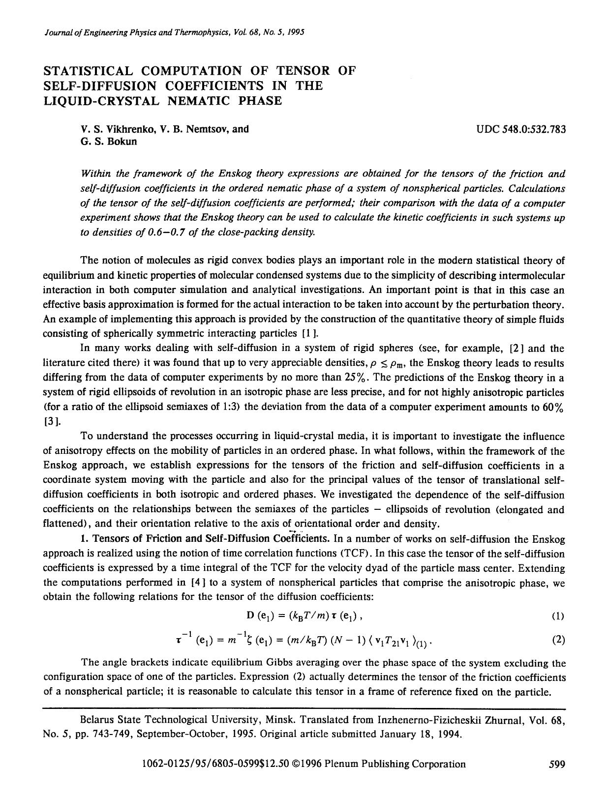 Statistical computation of tensor of self-diffusion coefficients in the liquid-crystal nematic phase by Unknown