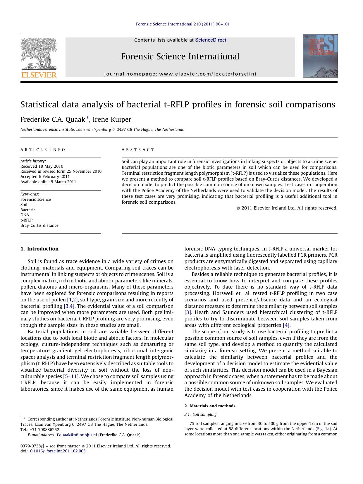 Statistical data analysis of bacterial t-RFLP profiles in forensic soil comparisons by Frederike C.A. Quaak