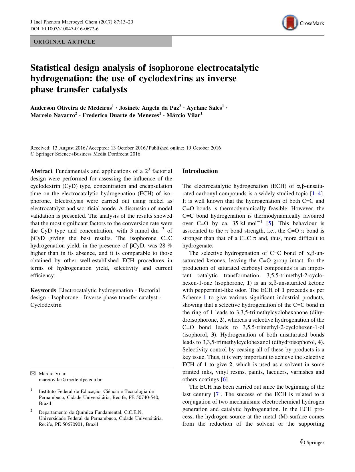 Statistical design analysis of isophorone electrocatalytic hydrogenation: the use of cyclodextrins as inverse phase transfer catalysts by unknow