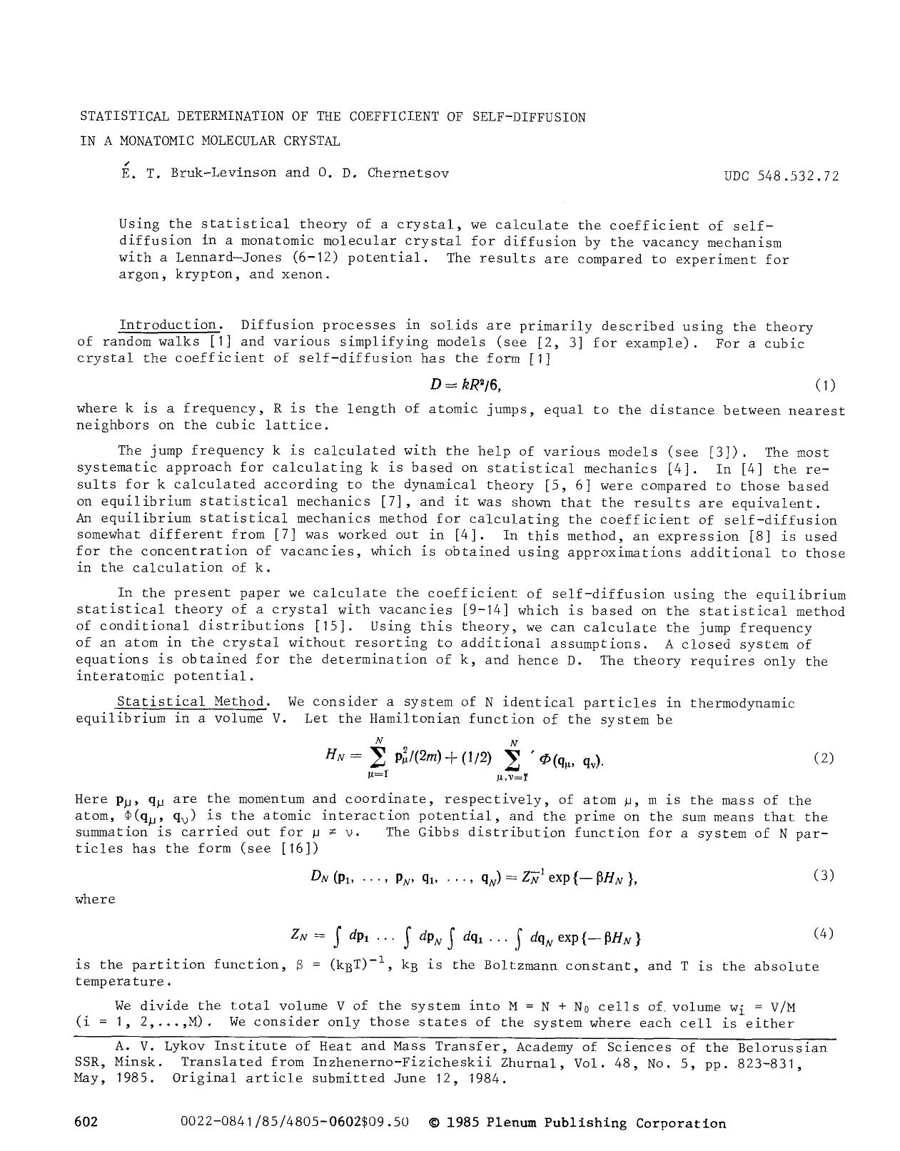 Statistical determination of the coefficient of self-diffusion in a monatomic molecular crystal by Unknown