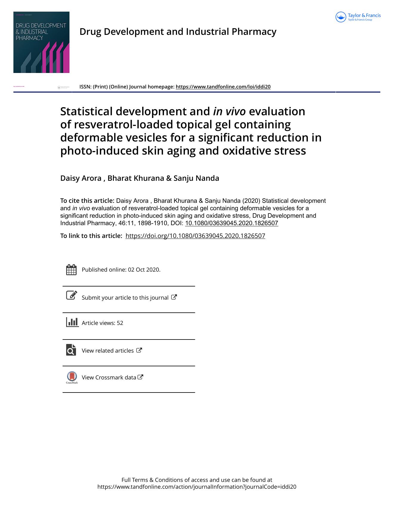 Statistical development and inÂ vivo evaluation of resveratrol-loaded topical gel containing deformable vesicles for a significant reduction in photo-induced skin aging and oxidative stress by Arora Daisy & Khurana Bharat & Nanda Sanju