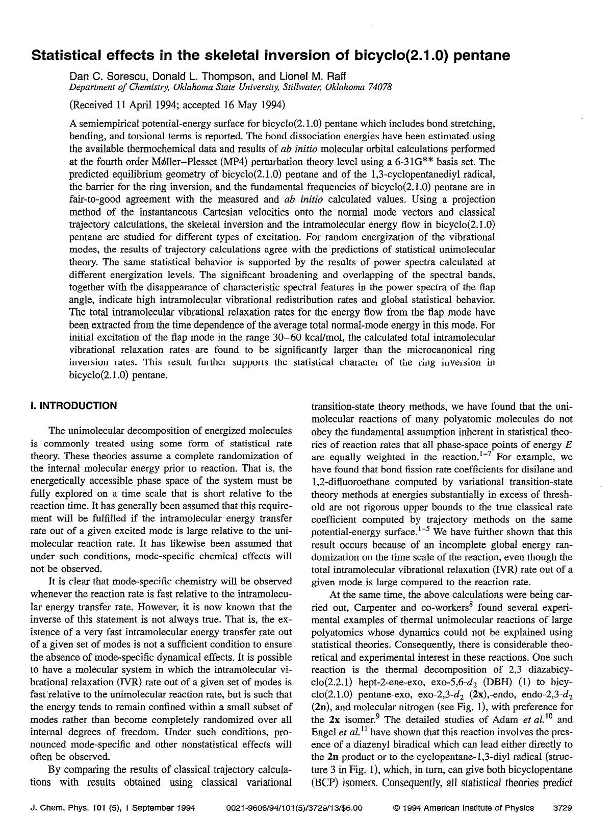 Statistical effects in the skeletal inversion of bicyclo(2.1.0) pentane by Dan C. Sorescu; Donald L. Thompson; Lionel M. Raff