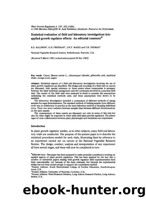 Statistical evaluation of field and laboratory investigations into applied growth regulator effects: An editorial comment by Unknown