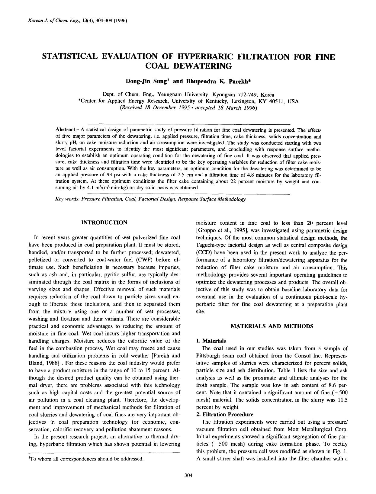 Statistical evaluation of hyperbaric filtration for fine coal dewatering by Unknown