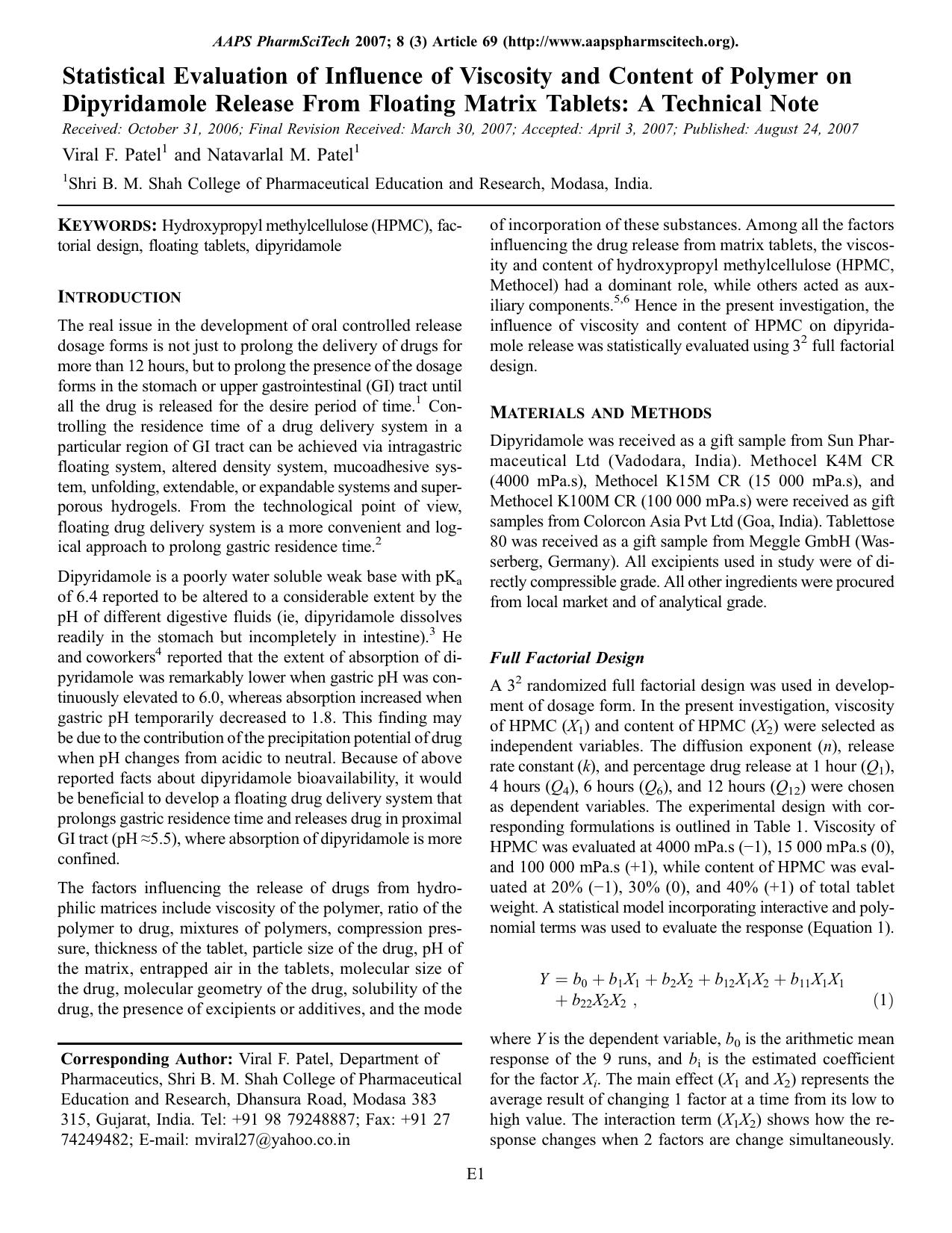 Statistical evaluation of influence of viscosity and content of polymer on dipyridamole release from floating matrix tablets: A technical note by Unknown
