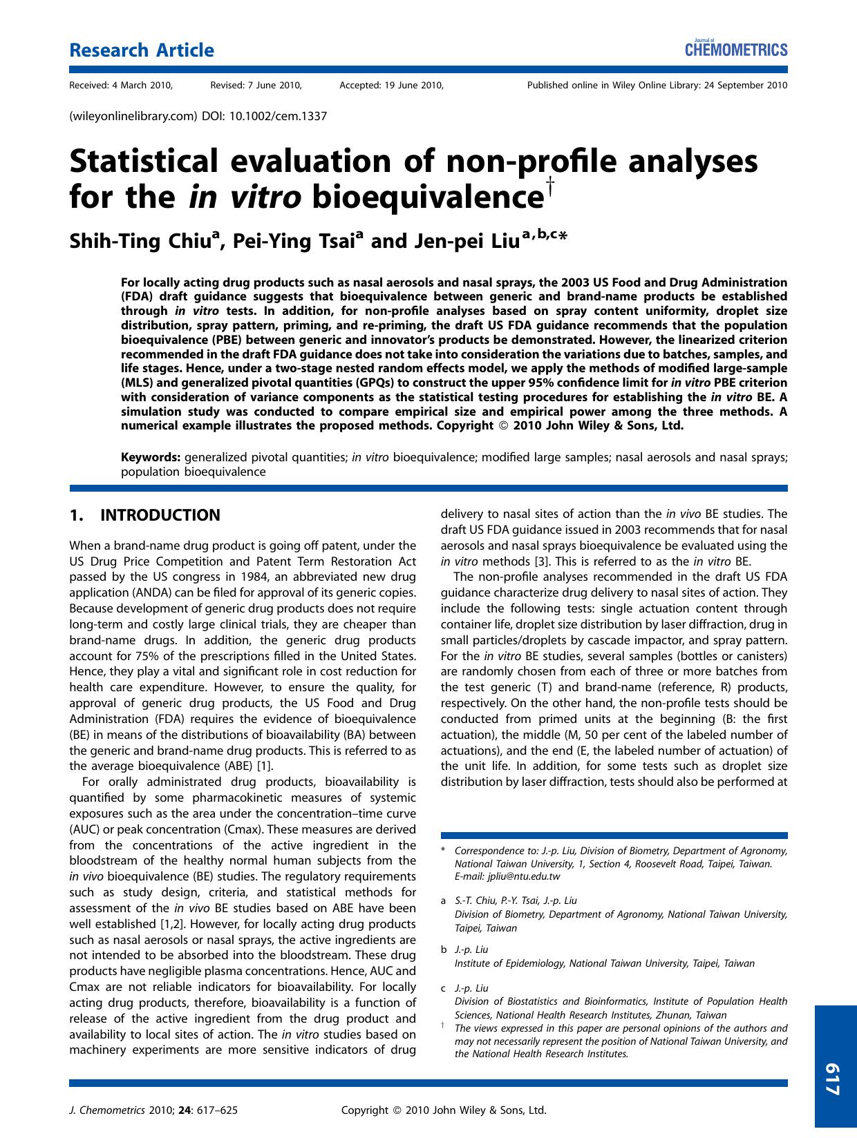 Statistical evaluation of nonprofile analyses for the in vitro bioequivalence by Unknown