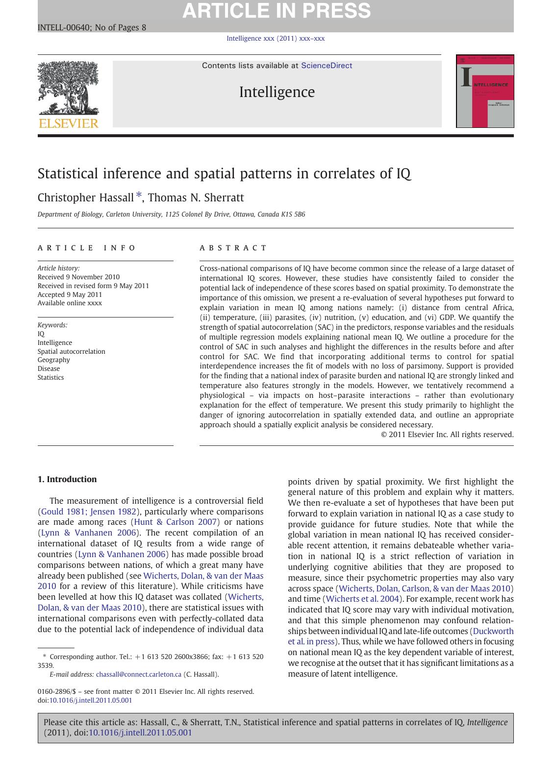 Statistical inference and spatial patterns in correlates of IQ by Christopher Hassall & Thomas N. Sherratt