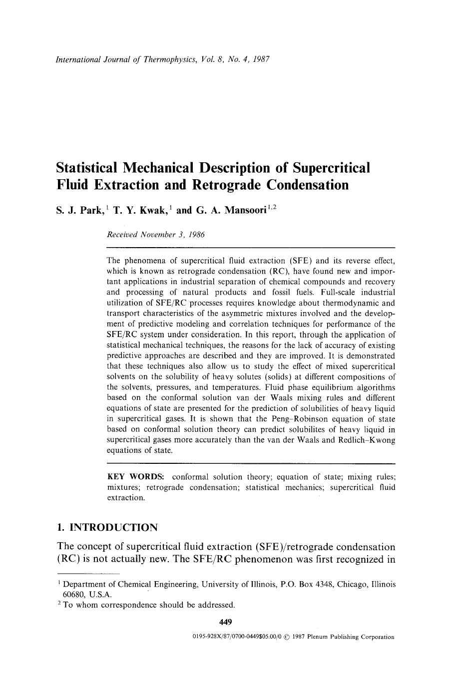 Statistical mechanical description of supercritical fluid extraction and retrograde condensation by Unknown