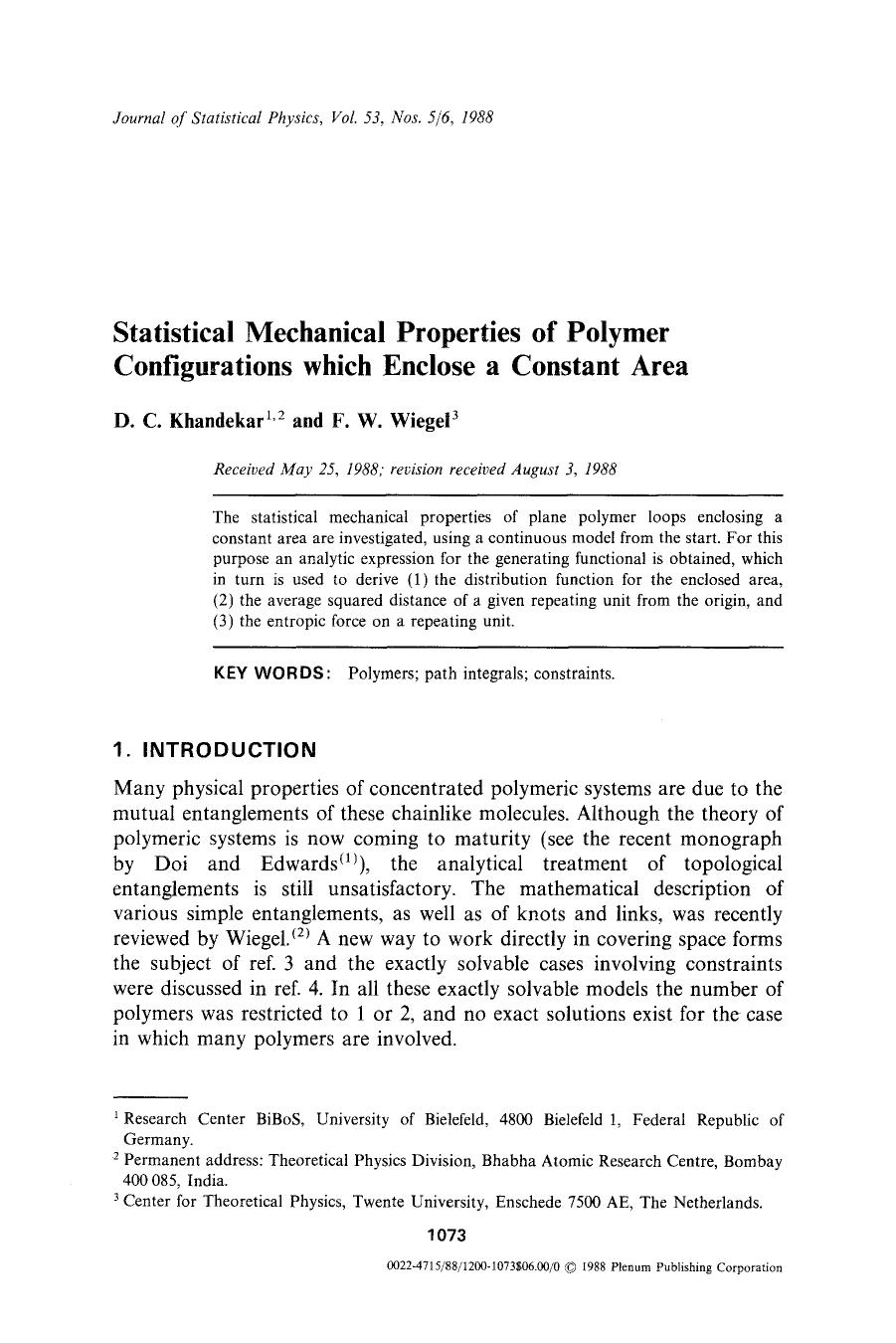 Statistical mechanical properties of polymer configurations which enclose a constant area by Unknown
