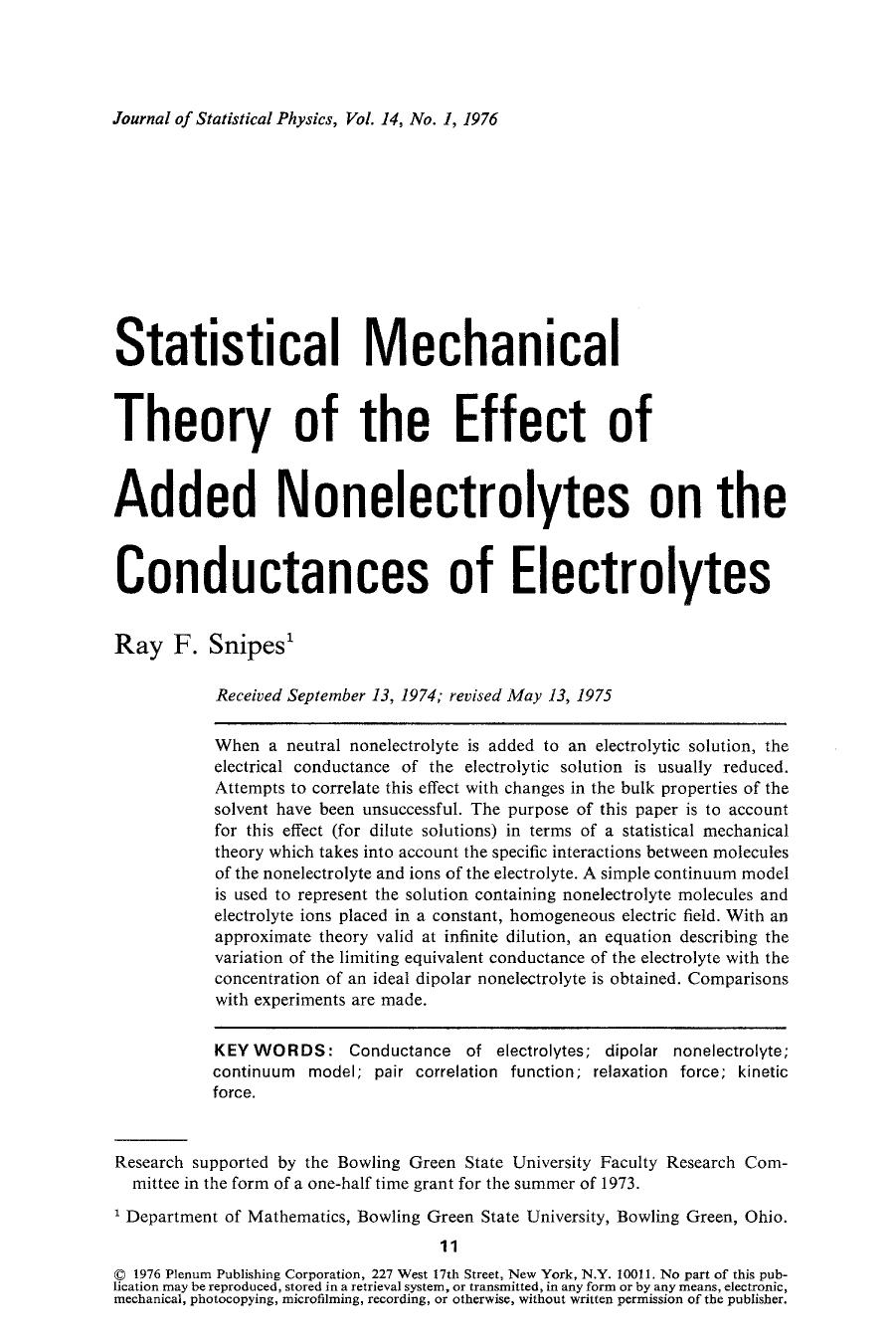 Statistical mechanical theory of the effect of added nonelectrolytes on the conductances of electrolytes by Unknown