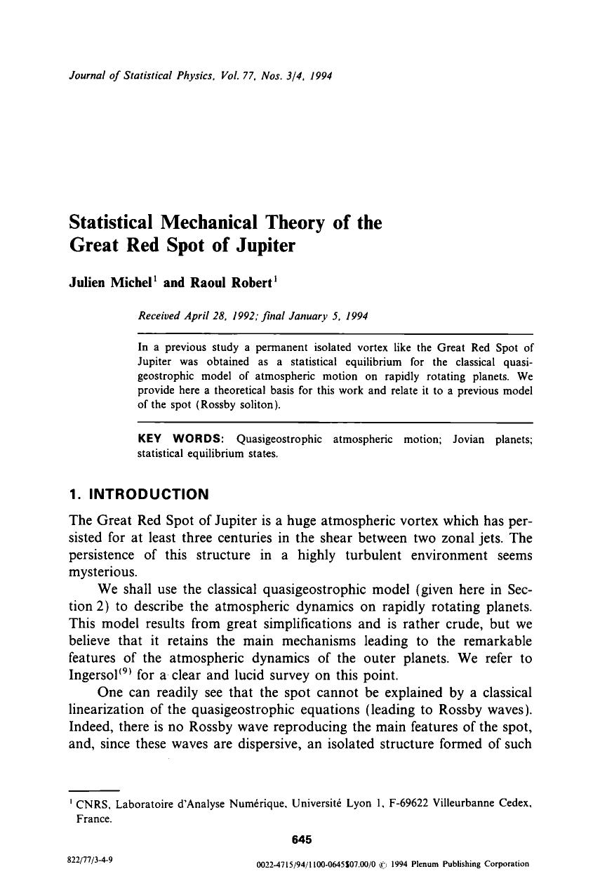 Statistical mechanical theory of the great red spot of jupiter by Unknown