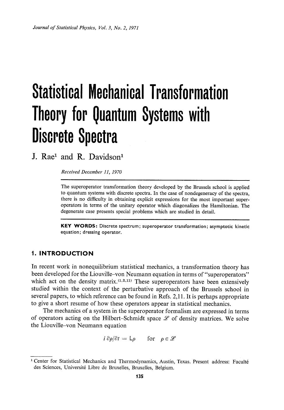 Statistical mechanical transformation theory for quantum systems with discrete spectra by Unknown