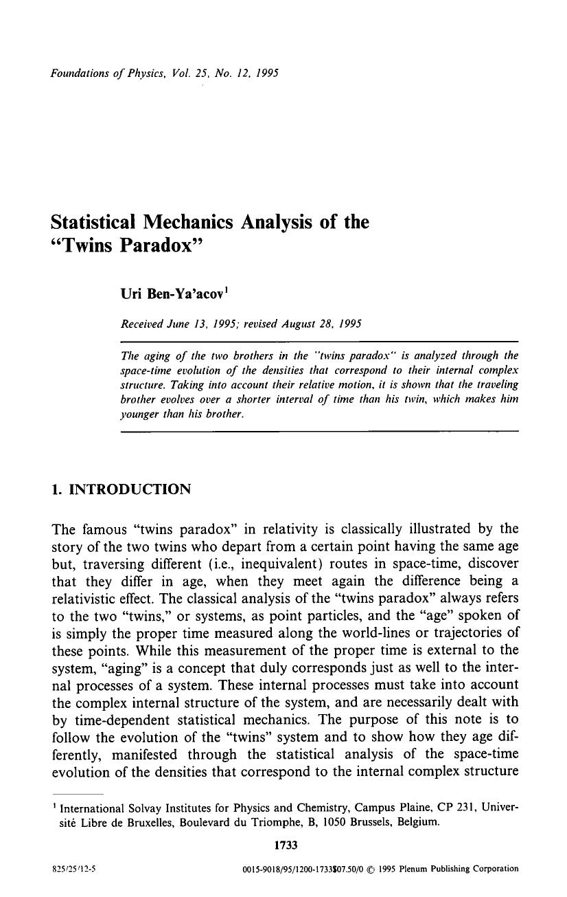 Statistical mechanics analysis of the “twins paradox” by Unknown