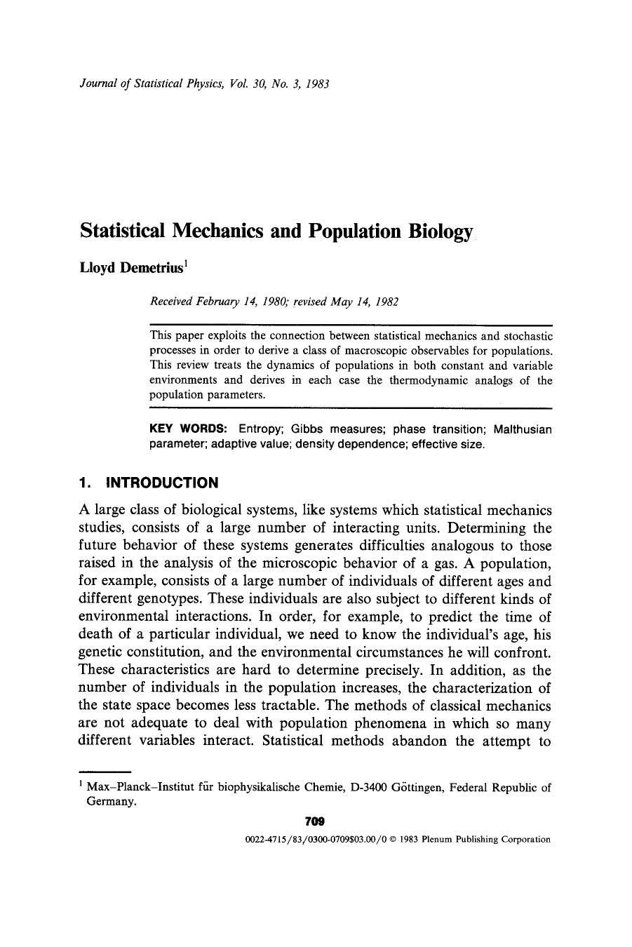 Statistical mechanics and population biology by Unknown