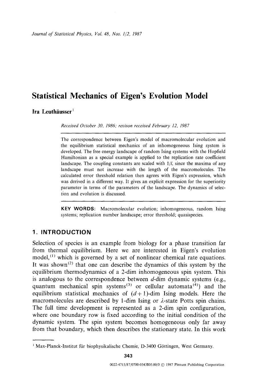 Statistical mechanics of Eigen's evolution model by Unknown