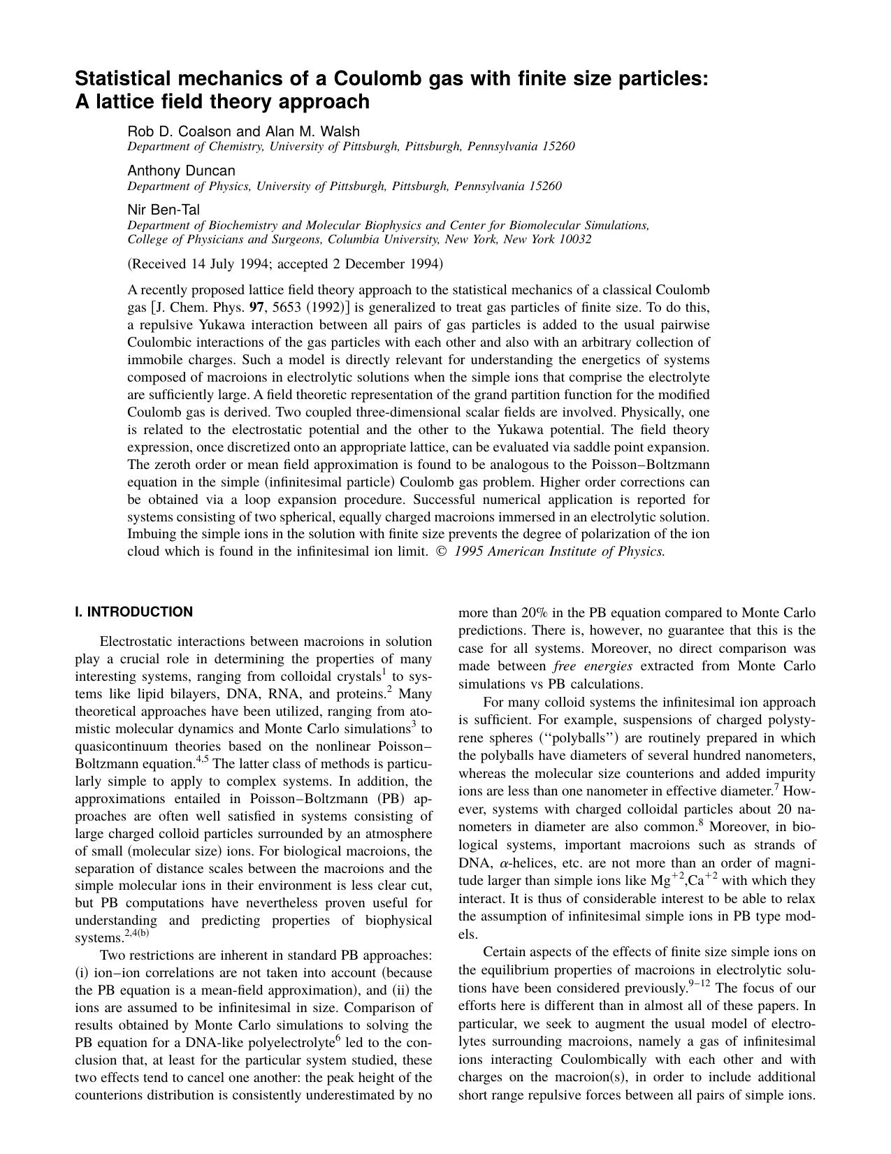 Statistical mechanics of a Coulomb gas with finite by Rob D. Coalson and Alan M. Walsh & Anthony Duncan &