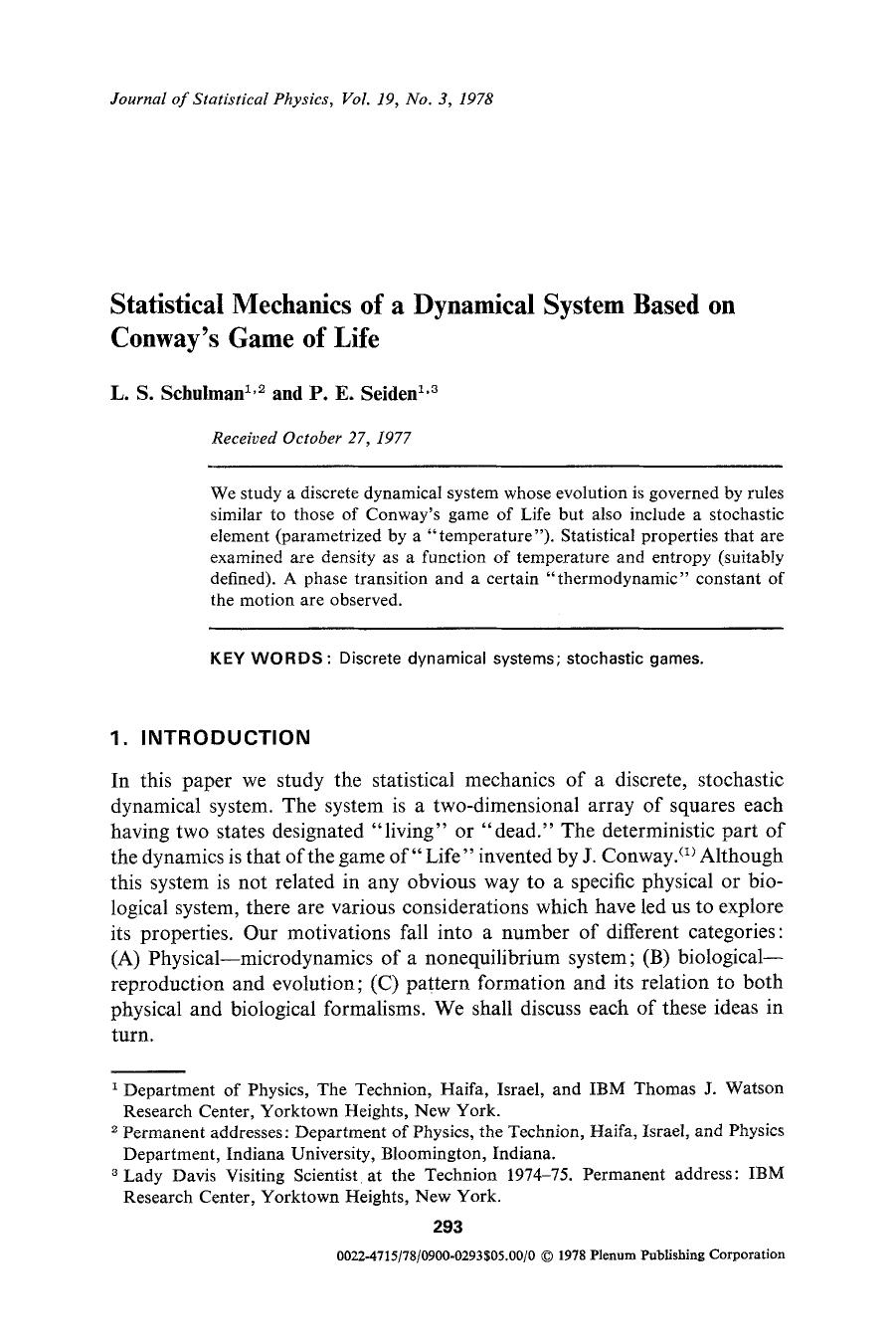 Statistical mechanics of a dynamical system based on Conway's game of Life by Unknown