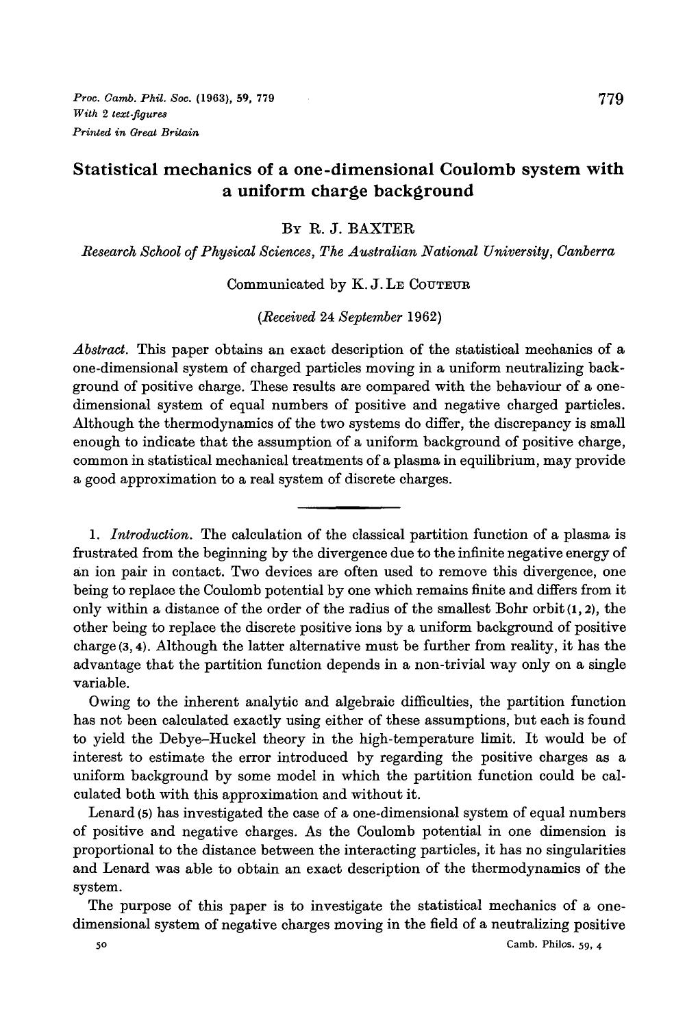 Statistical mechanics of a one-dimensional Coulomb system with a uniform charge background by R. J. Baxter