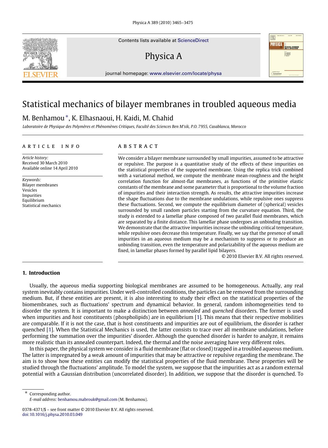 Statistical mechanics of bilayer membranes in troubled aqueous media by M. Benhamou; K. Elhasnaoui; H. Kaidi; M. Chahid
