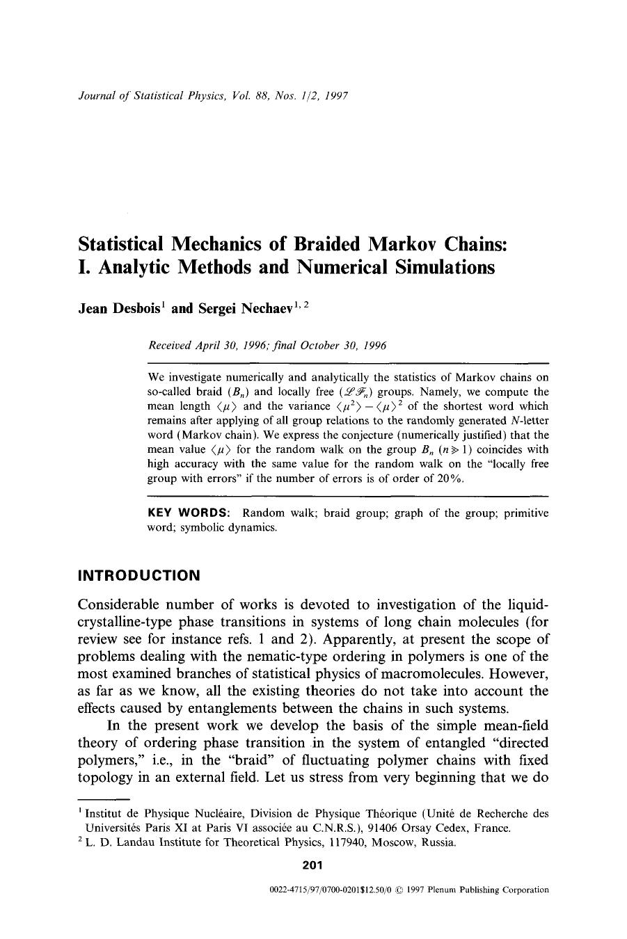 Statistical mechanics of braided Markov chains: I. Analytic methods and numerical simulations by Unknown