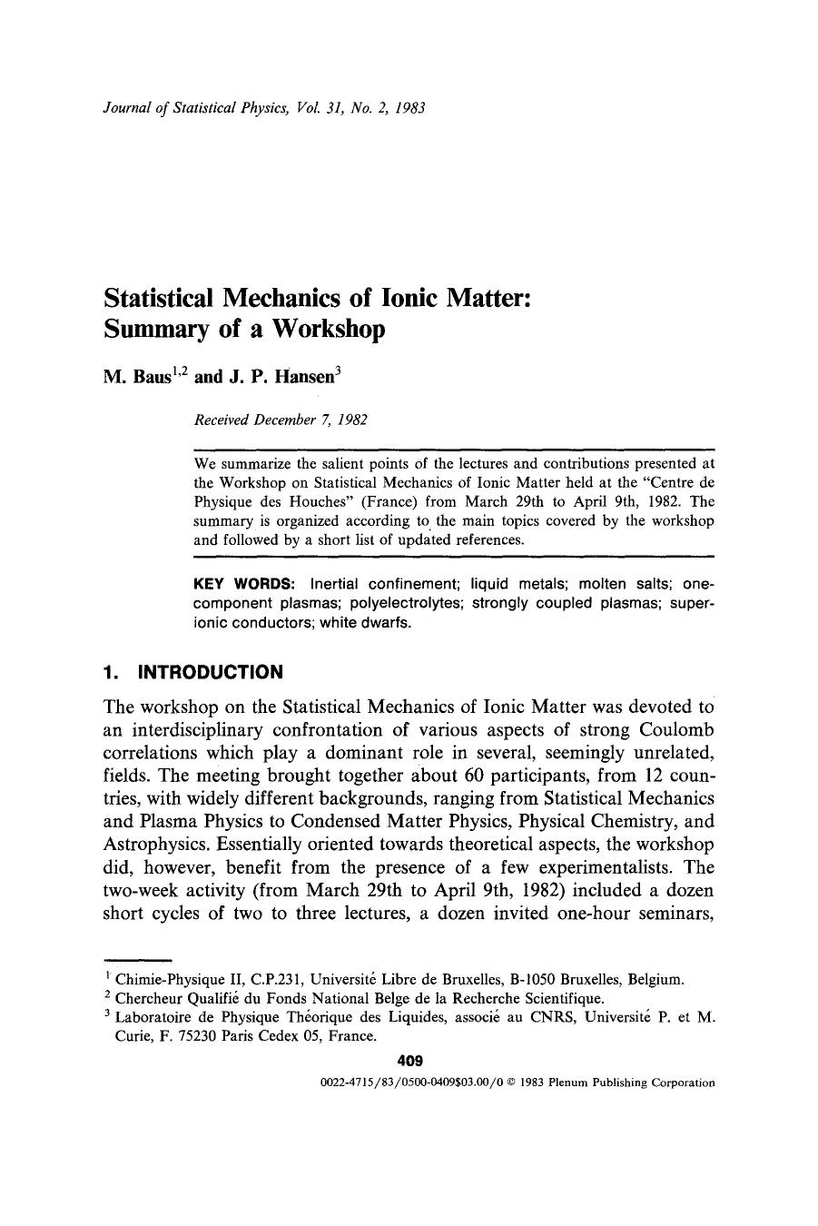 Statistical mechanics of ionic matter: Summary of a workshop by Unknown