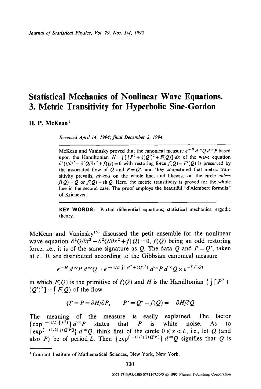 Statistical mechanics of nonlinear wave equations. 3. Metric transitivity for hyperbolic sine-gordon by Unknown