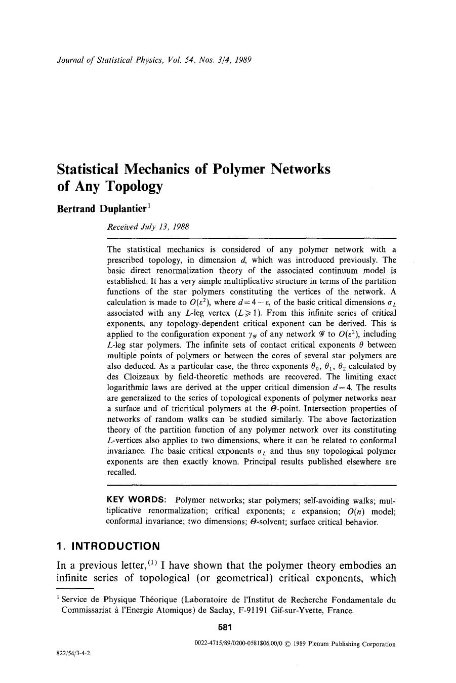Statistical mechanics of polymer networks of any topology by Unknown