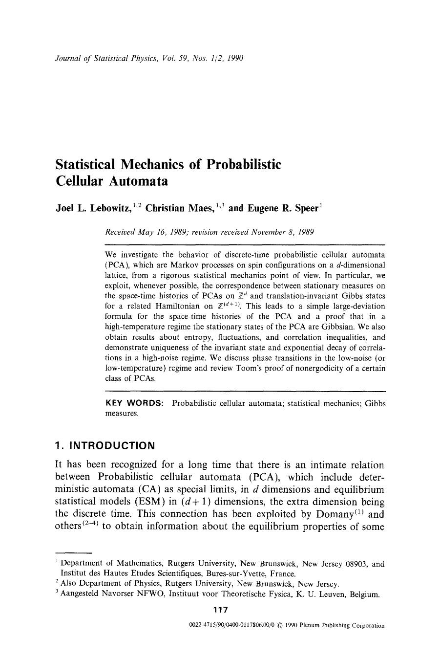 Statistical mechanics of probabilistic cellular automata by Unknown