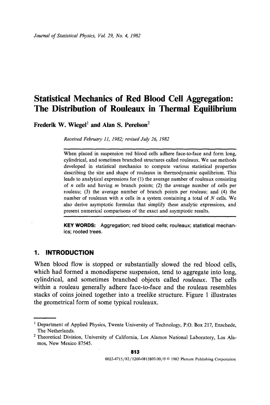Statistical mechanics of red blood cell aggregation: The distribution of rouleaux in thermal equilibrium by Unknown