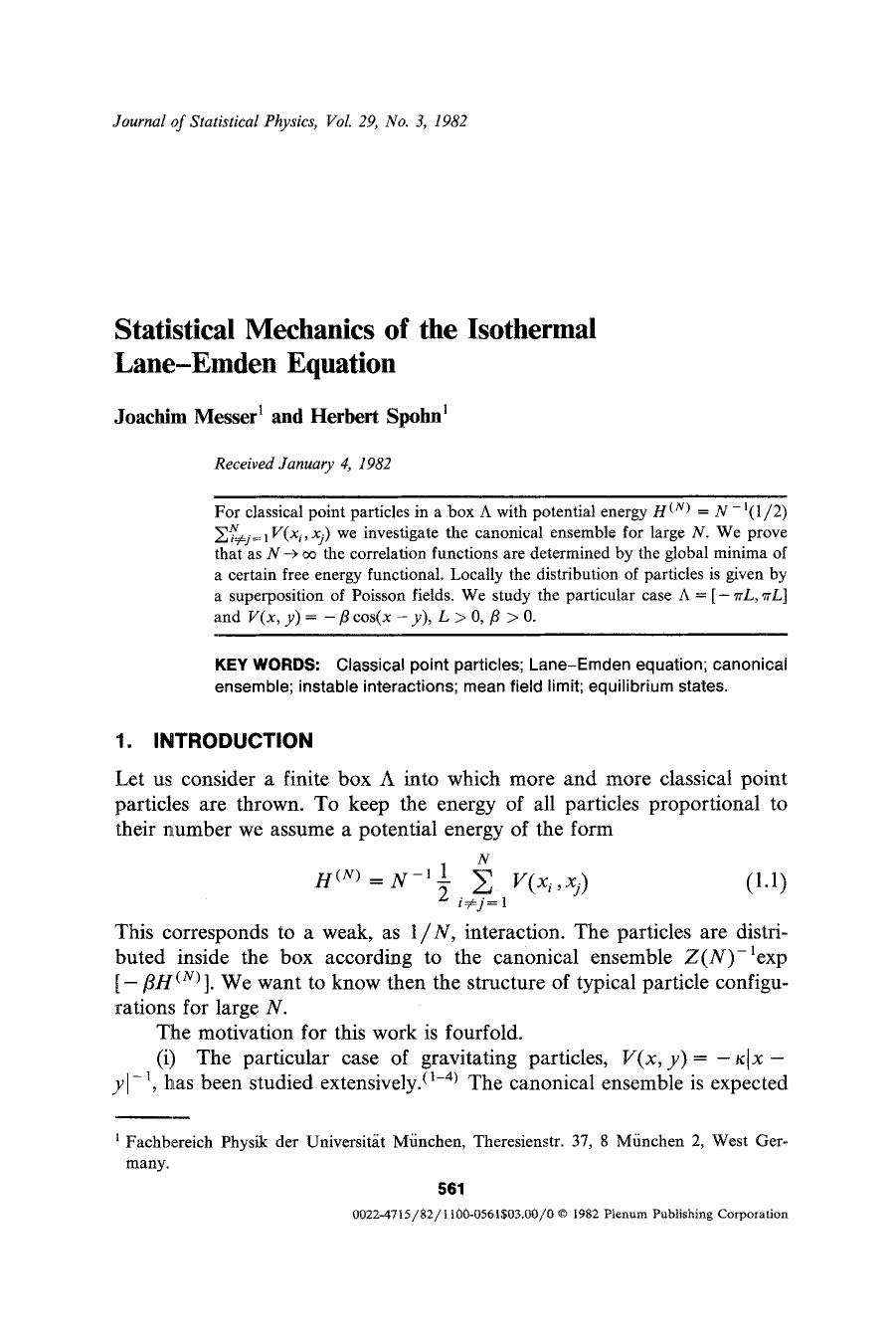 Statistical mechanics of the isothermal lane-emden equation by Unknown