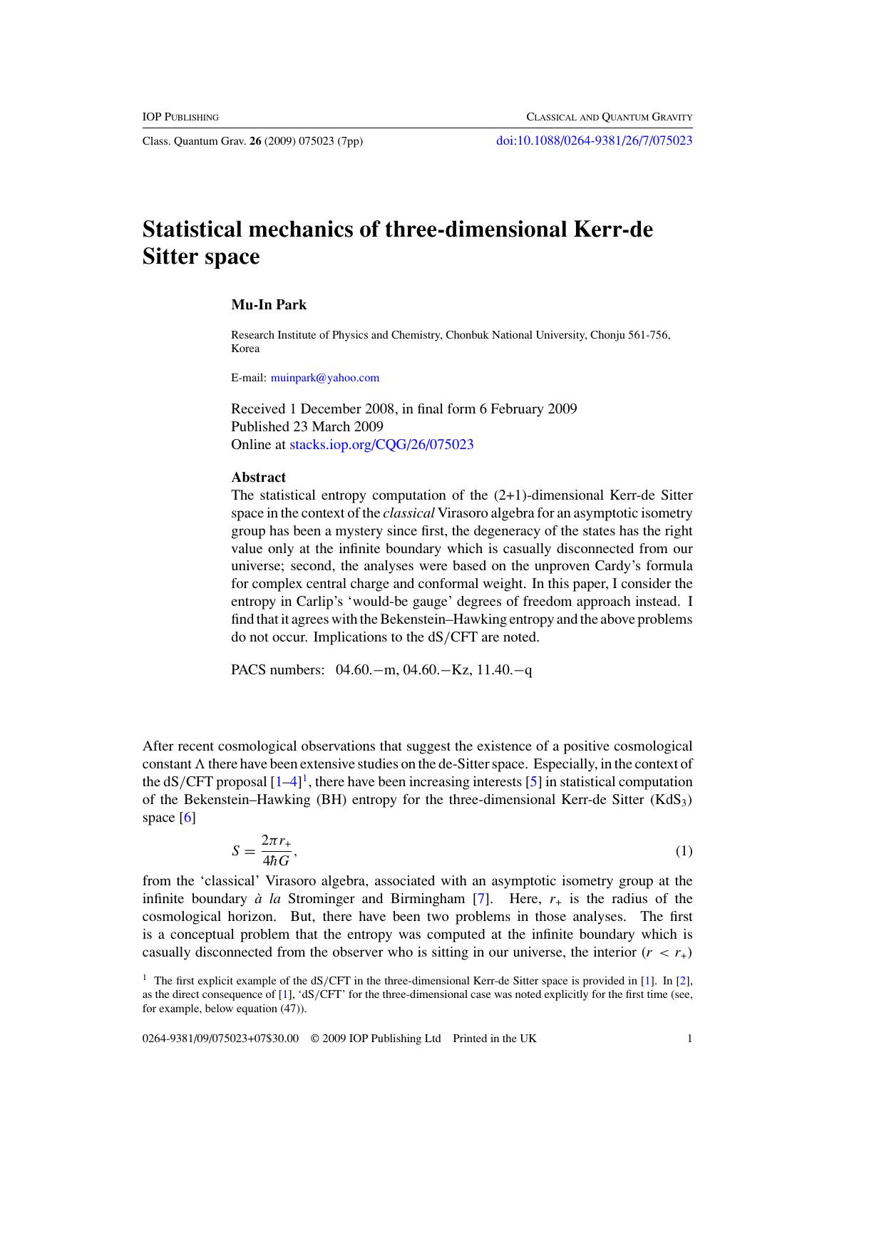 Statistical mechanics of three-dimensional Kerr-de Sitter space by M-I Park