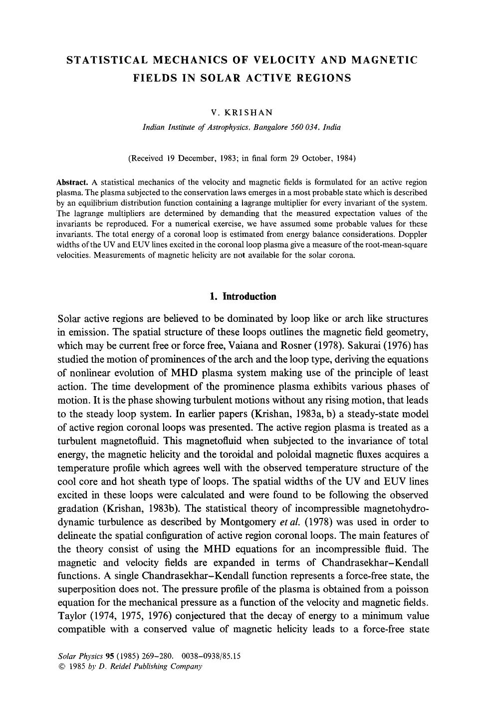 Statistical mechanics of velocity and magnetic fields in solar active regions by Unknown