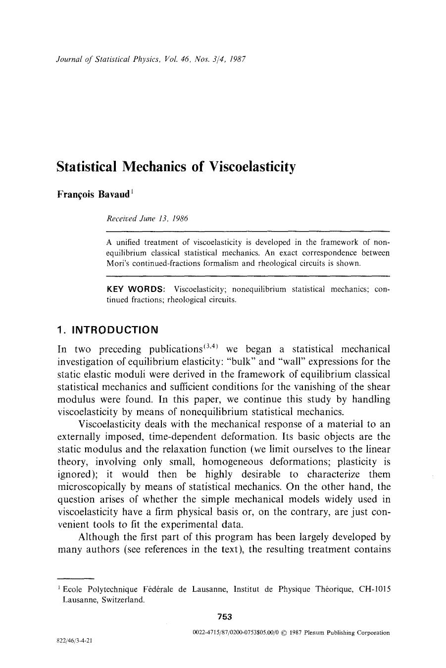Statistical mechanics of viscoelasticity by Unknown
