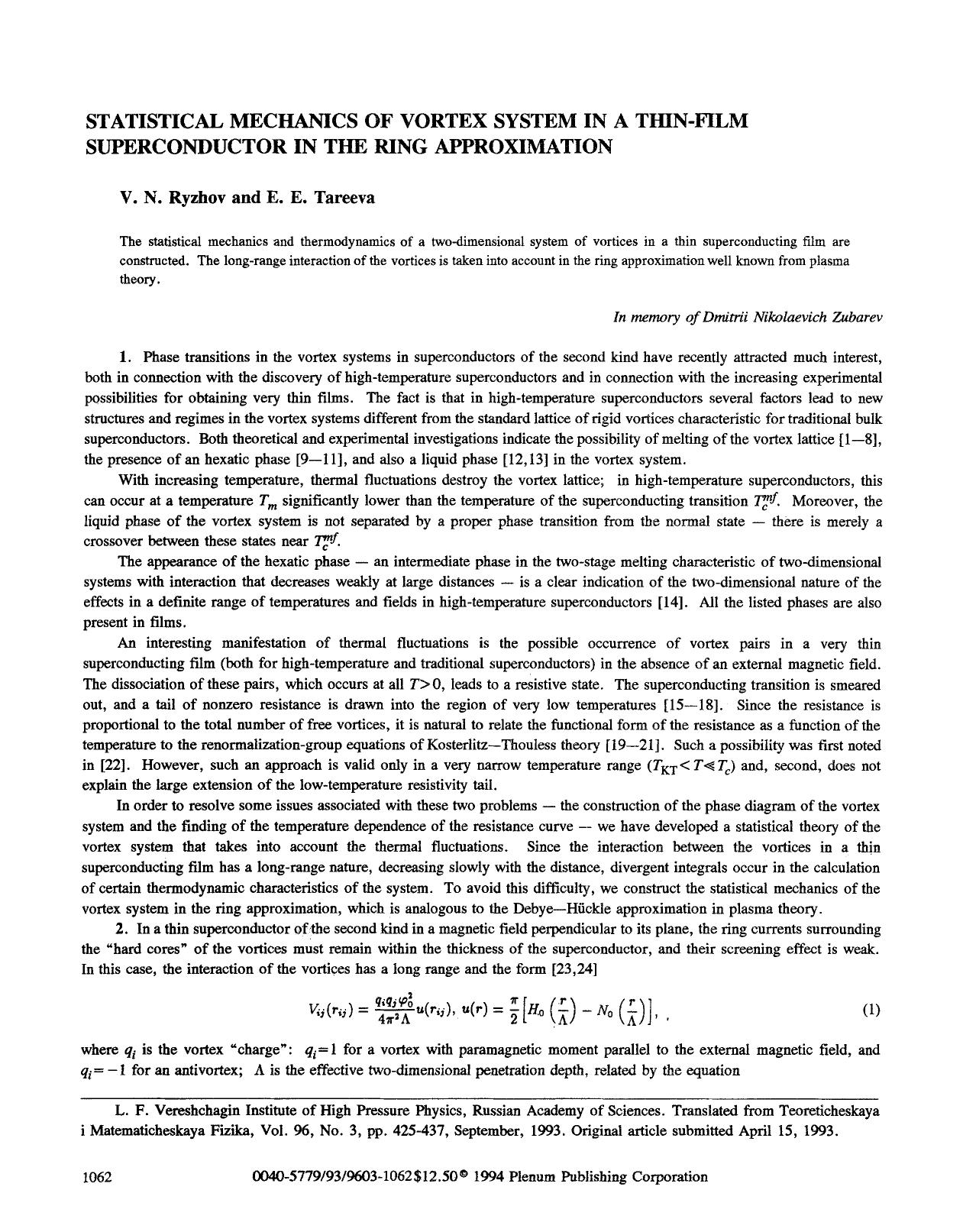 Statistical mechanics of vortex system in a thin-film superconductor in the ring approximation by Unknown