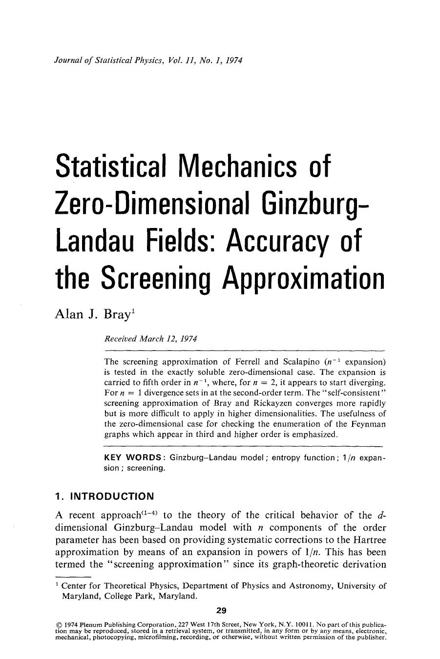 Statistical mechanics of zero-dimensional ginzburglandau fields: Accuracy of the screening approximation by Unknown
