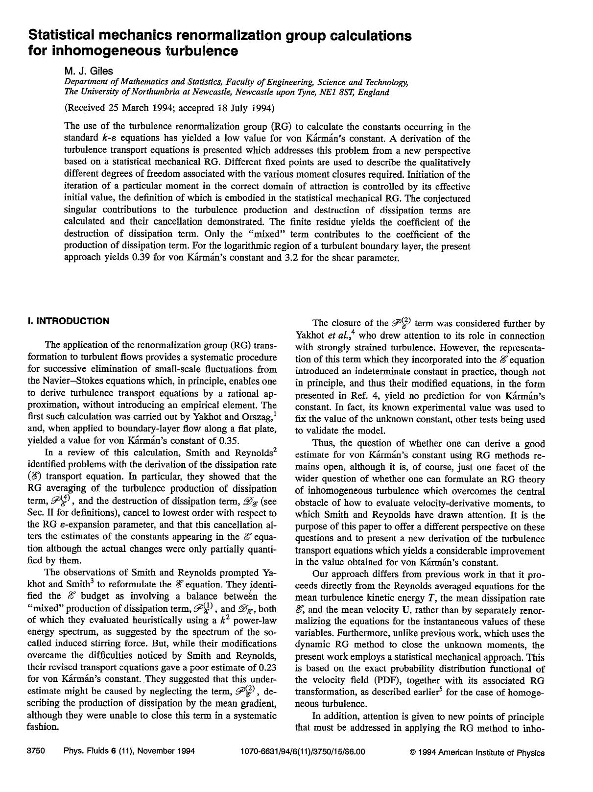 Statistical mechanics renormalization group calculations for inhomogeneous turbulence by M. J. Giles